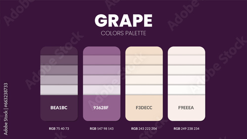 Color palette in Purple Grapes colour theme collections. Color inspiration or colour chart with codes number. Color combination set of RGB. Colors for graphic design, art, fashion, or web design.