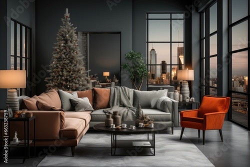 In a modern living room within a high-rise apartment building, a Christmas tree stands, and a view of the city skyline adds a chic urban touch to the holiday decor. Photorealistic illustration © DIMENSIONS