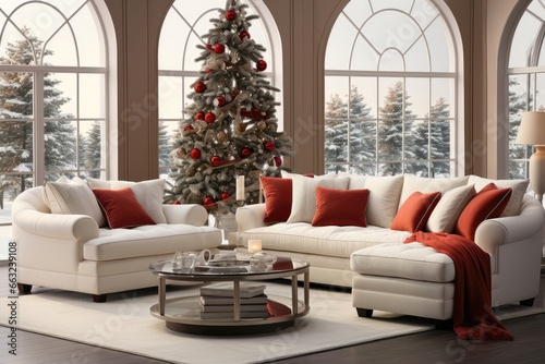 In a spacious lobby, a Christmas tree serves as the centerpiece, and a snowy forest view outside adds to the wintry atmosphere, creating a cozy holiday setting. Photorealistic illustration