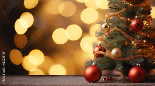 christmas background focused on christmas tree on the beautiful bokeh background. Generative ai