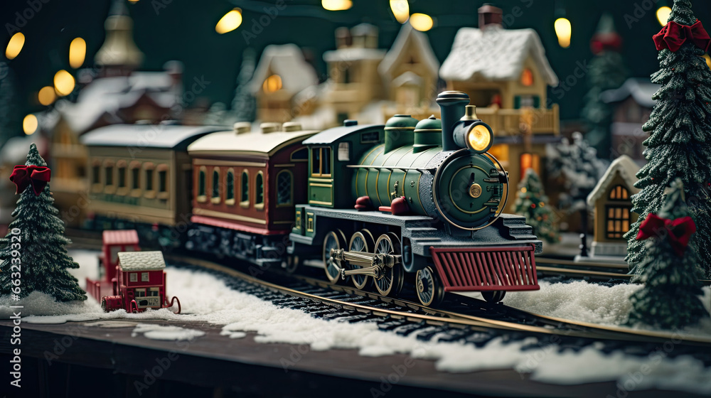 Vintage toy train chugging around a festively decorated Christmas tree