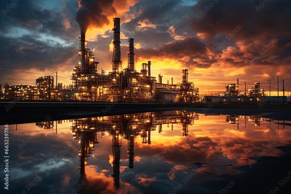 an oil refinery against a backdrop of a fiery sunset, with reflection pools capturing the shimmering silhouette of the facility and glowing skies