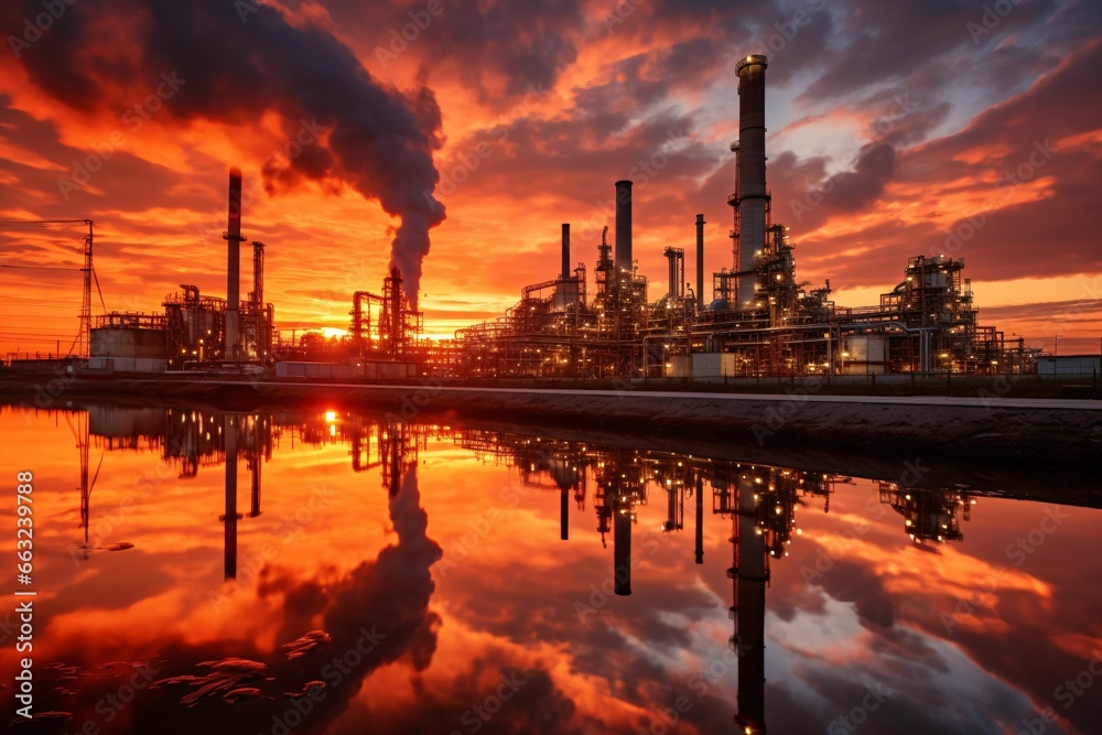 Fototapeta premium an oil refinery against a backdrop of a fiery sunset, with reflection pools capturing the shimmering silhouette of the facility and glowing skies