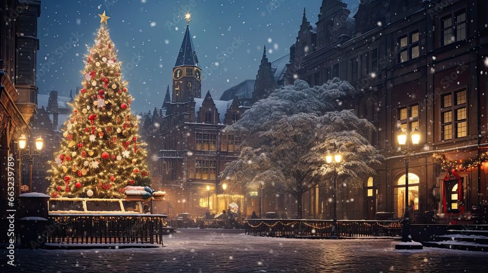 A Festively Decorated Town Square: Towering Christmas Tree with Twinkling Lights and Ornaments in the Snow