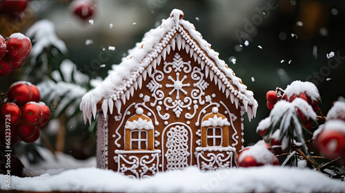Perfectly iced gingerbread house in snow-covered garden