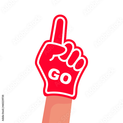 Foam fingers Go. Number one, fan hand glove with red finger raised. Foam hand. Sport supporting. Hand up with word Go. Vector illustration flat design. Isolated on a white background.
