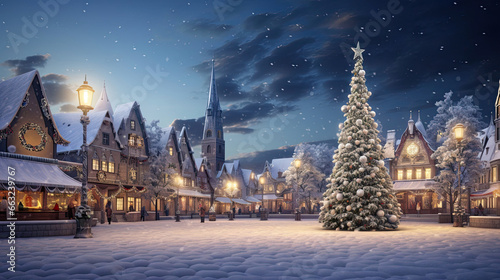 A Snowy Town Square Scene: Towering Christmas Tree with Festive Ornaments and Twinkling Lights