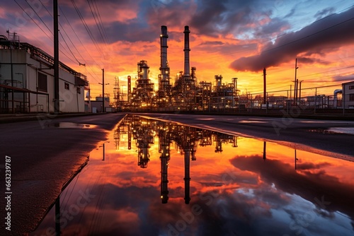 an oil refinery against a backdrop of a fiery sunset, with reflection pools capturing the shimmering silhouette of the facility and glowing skies