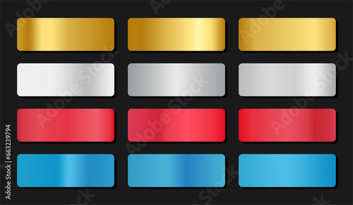 Vector collection of silver, chrome, gold, blue and red metallic gradient.