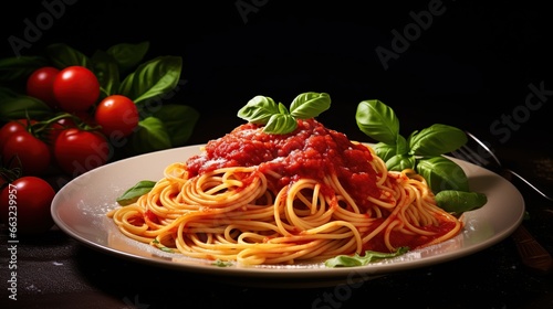 Delicious classic of pasta and spaghetti with tomato sauce in a plate on a dark table. Generative Ai 