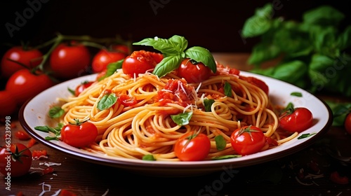 Delicious classic of pasta and spaghetti with tomato sauce in a plate on a dark table. Generative Ai 