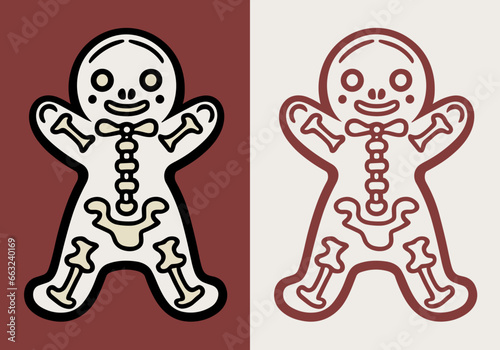 Skeleton gingerbread man illustration for gothic Christmas decorations. Creepy cookie fun holiday food ideas. Minimalist vector illustration for printable products. Creepmas and Hallowdays card.