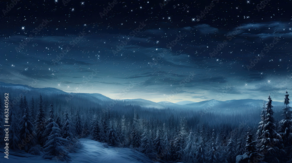 View of a starry night sky over a snowy landscape