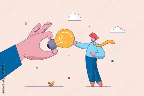 Concept of a business idea or startup. Man finds an idea in the process of brainstorming. Big hand gives a light bulb associated with an idea. Isolated flat vector illustration.