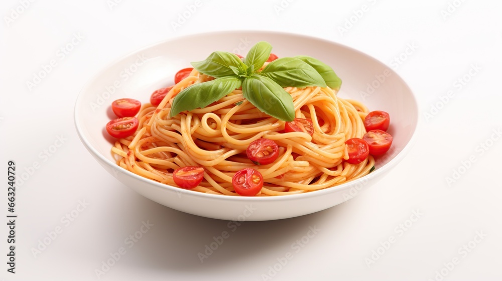 Delicious classic of pasta and spaghetti with tomato sauce in a plate on a white background. Generative Ai 