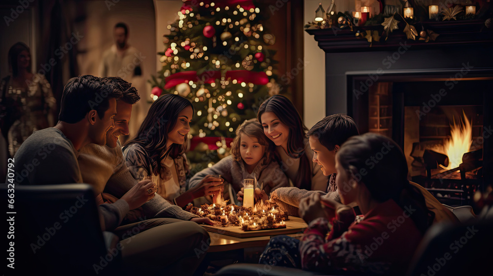 Cozy Family Scene by Crackling Fireplace
