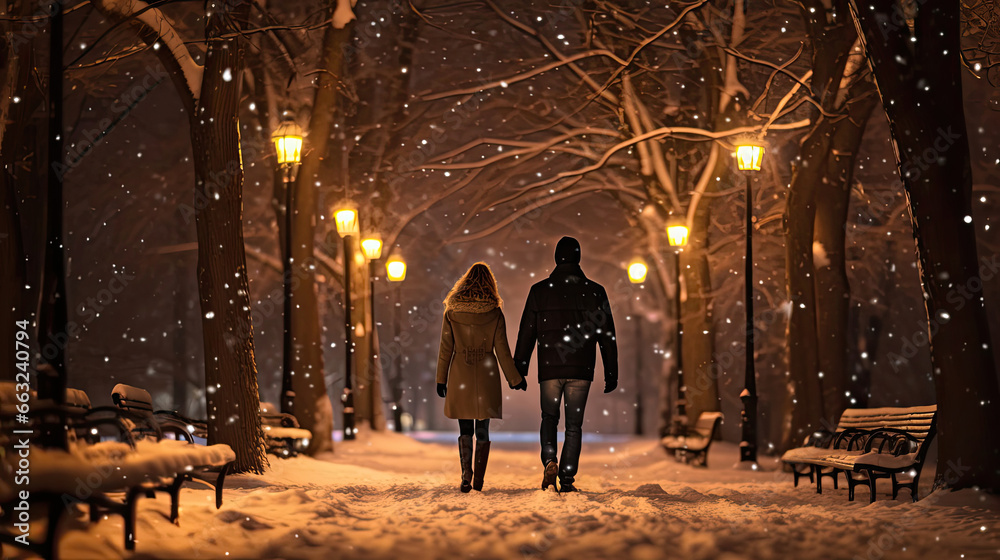 Couple Strolling Through Snowy Park with Cocoa Couple Strolling Through Snowy Park with Cocoa