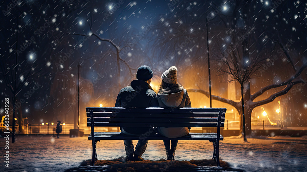 Bench of Love: Couple Exchanging Gifts Under Fireworks Bench of Love: Couple Exchanging Gifts Under Fireworks