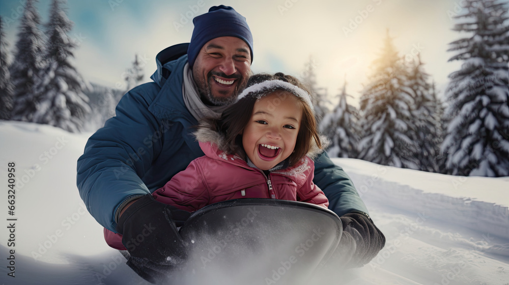 Father and daughter sled down snowy hill