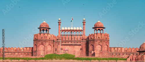 Canvas Print landscape photo of Red Fort with the Indian flag in the middle