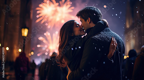 Seasonal Celebration: Couple Under Dazzling Fireworks