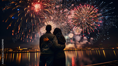 Holiday Fireworks: Couple Embracing Under Colors