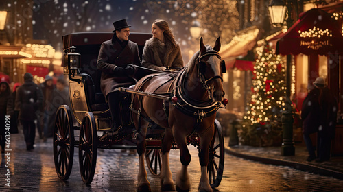 Couple's romantic ride through snowy town