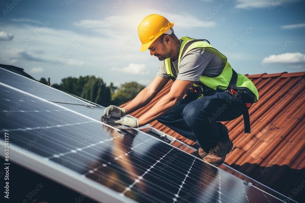 Engineer maintaining solar cell panels on the rooftop, Engineer worker install solar panel. Clean energy concept. Engineer maintaining solar cell panels on the rooftop, Engineer worker install solar panel. Clean energy concept.
