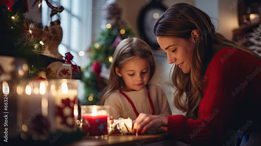 Mother and daughter arrange candles on festively decorated mantle creating inviting holiday ambiance