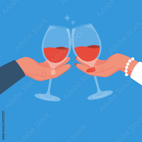 Two hands clinking wineglasses with a red wine. Man and woman on a date. A woman hand holding a glass of red wine. Vector illustration flat design. Isolated on white background.