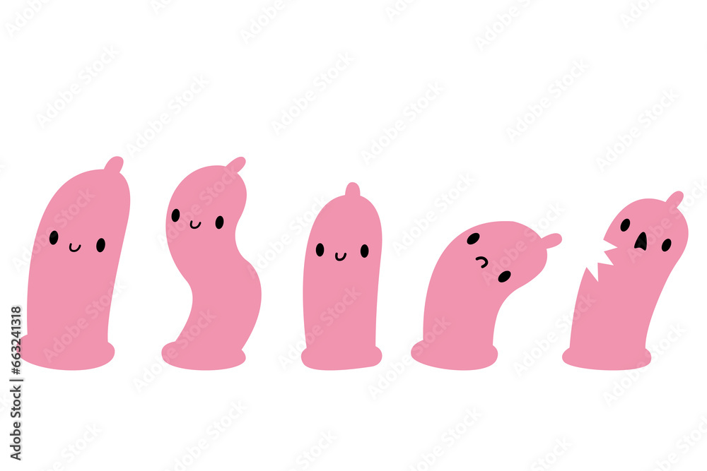 Hand drawn Condom cartoon character. Prevention of unwanted pregnancy, sex education, prevention of AIDS, HIV and diseases. Happy condom vector illustration isolated on white background. - obrazy, fototapety, plakaty 