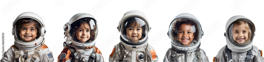 Set of different nations girl in astronaut suit isolated on transparent background, PNG Set of different nations girl in astronaut suit isolated on transparent background, PNG