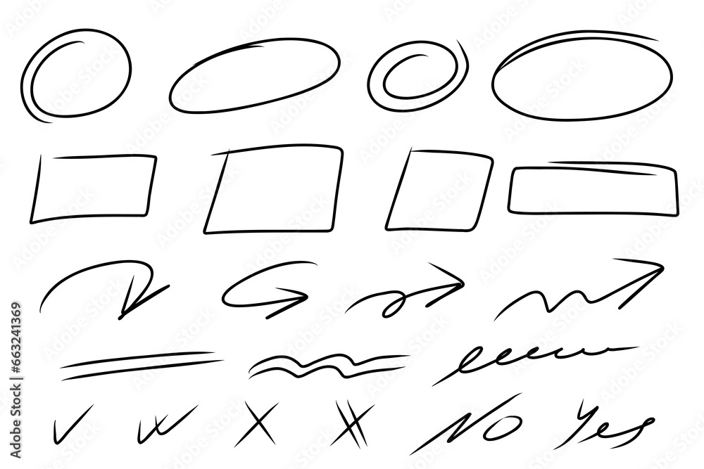 Highligh ovals lines, arrows, check, circle, yes, no, isolated on white background. Marker pen highlight underline strokes. Vector hand drawn graphic doodle element.
