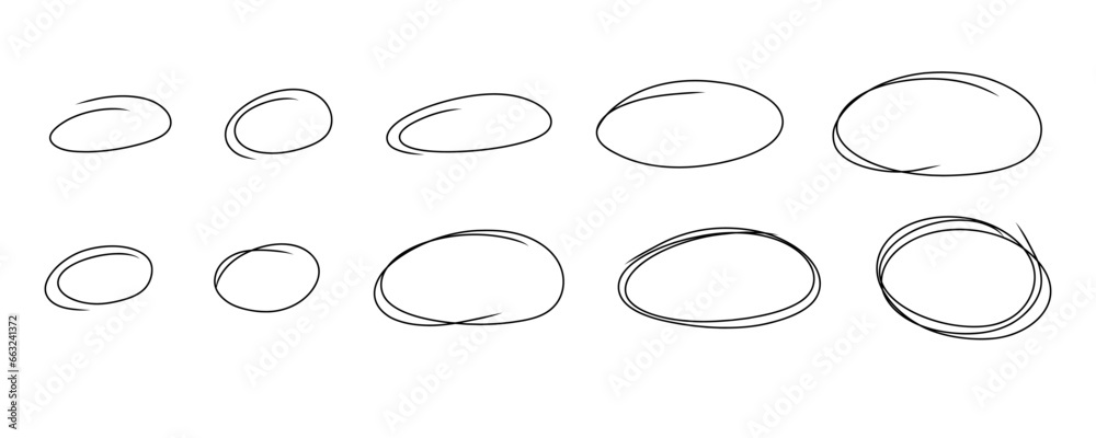 Hand drawn circles frame set. Doodle highlight ovals. Marker sketch. Highlighting text and important objects. Round scribble frames. Stock vector illustration isolated on white background.