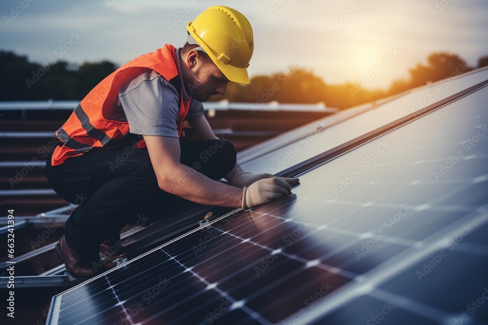 Engineer maintaining solar cell panels on the rooftop, Engineer worker install solar panel. Clean energy concept. Engineer maintaining solar cell panels on the rooftop, Engineer worker install solar panel. Clean energy concept.
