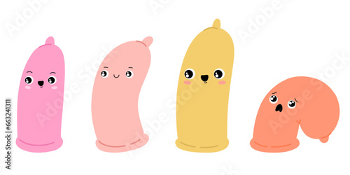 Condom cartoon character. Prevention of unwanted pregnancy, sex education, prevention of AIDS, HIV and diseases. Happy condom vector illustration isolated on white background.