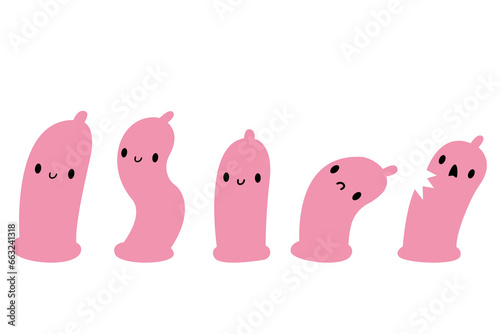 Hand drawn Condom cartoon character. Prevention of unwanted pregnancy, sex education, prevention of AIDS, HIV and diseases. Happy condom vector illustration isolated on white background.