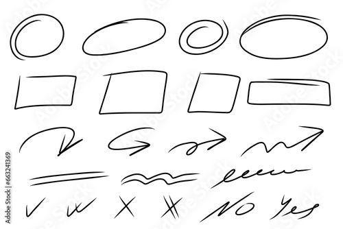 Highligh ovals lines, arrows, check, circle, yes, no, isolated on white background. Marker pen highlight underline strokes. Vector hand drawn graphic doodle element.