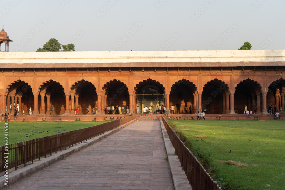 close short of a old red sand building in a historical place of Delhi