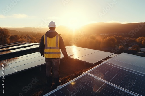 Engineer maintaining solar cell panels on the rooftop, Engineer worker install solar panel. Clean energy concept.