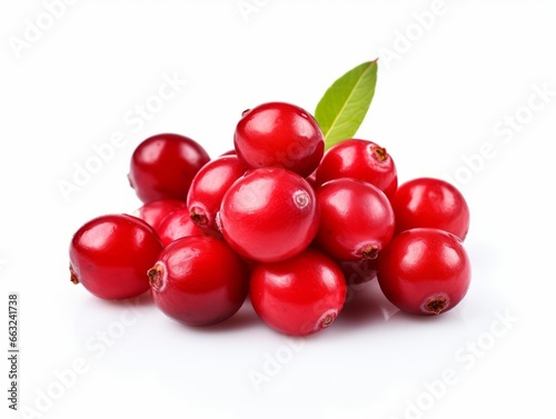 red Cranberry with green leaves isolated on white background