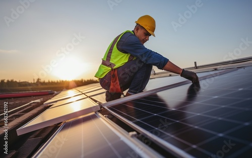 Engineer maintaining solar cell panels on the rooftop, Engineer worker install solar panel. Clean energy concept.