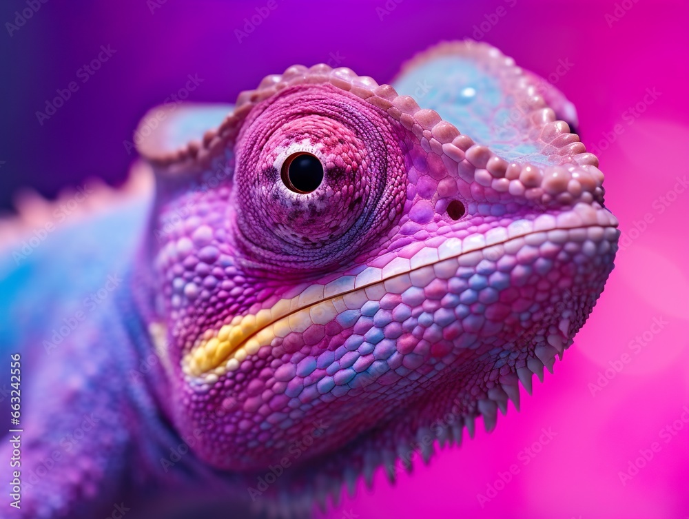 Fototapeta premium Pink chameleon. Close up portrait. Generative AI