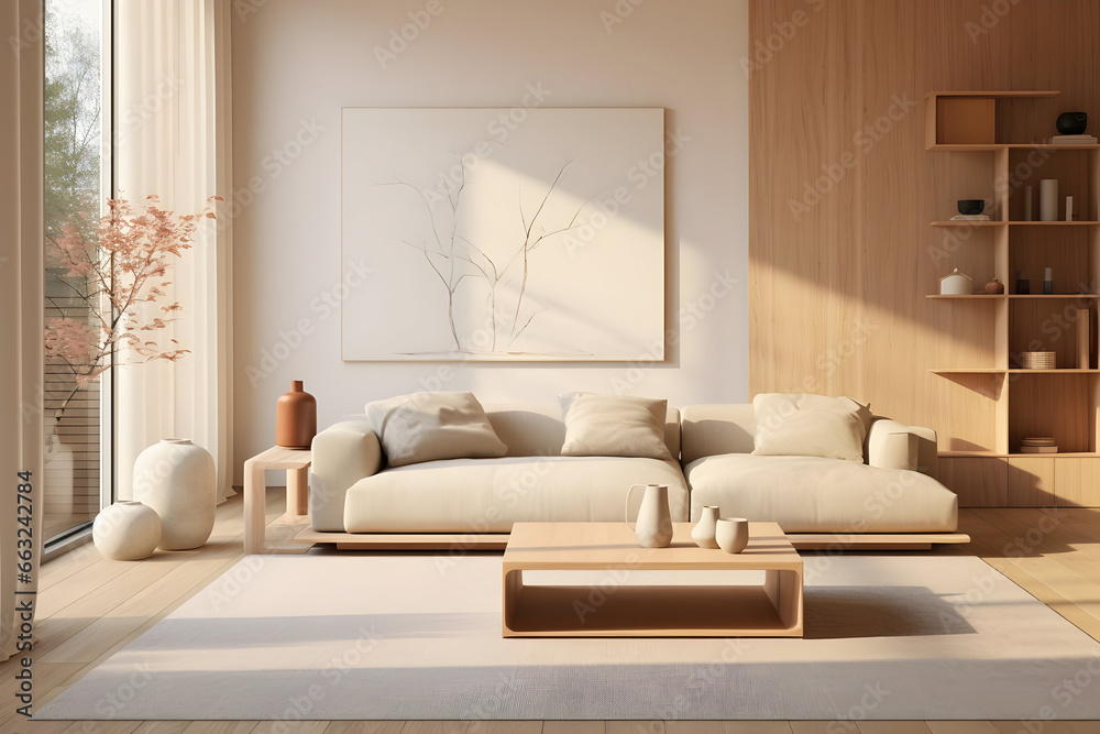 Fototapeta premium A Japandi Living Room Interior Featuring a Cozy Beige Couch, Exemplifying Modern Minimalist Design in an Elegant Apartment