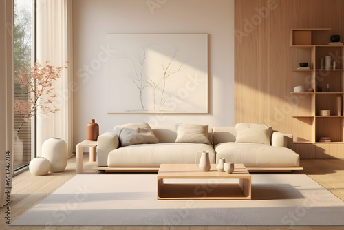 A Japandi Living Room Interior Featuring a Cozy Beige Couch  Exemplifying Modern Minimalist Design in an Elegant Apartment