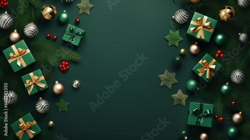 Christmas ornament lay top on green and gold background. Generative ai