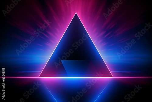 Abstract neon background with bright interacting neon triangle and dynamic stripes in modern ultraviolet lighting. Blue pink spectrum. 3D illustration. Generative AI photo