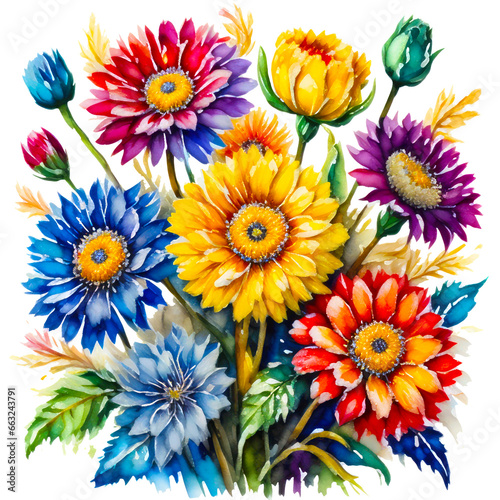 illustration colorful Aster bouquet blooming  watercolor style