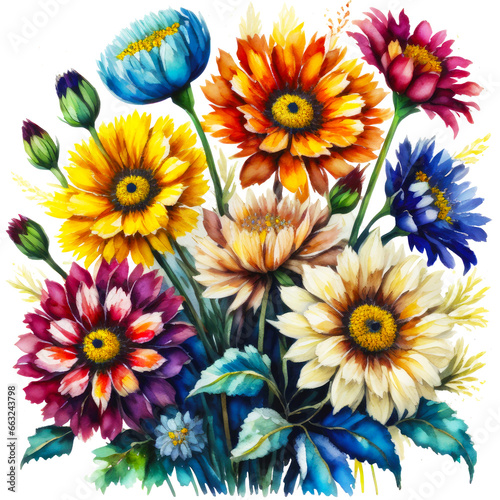 illustration colorful Aster bouquet blooming  watercolor style