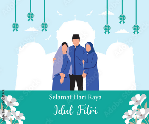 Eid al-Fitr greeting card with Muslim couple in traditional clothes.